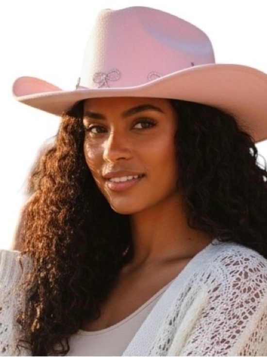 Fame Accessories Accessories - Fame Accessories Pink Faux Suede Cowboy Hat Rhinestone Bows Western Coquette